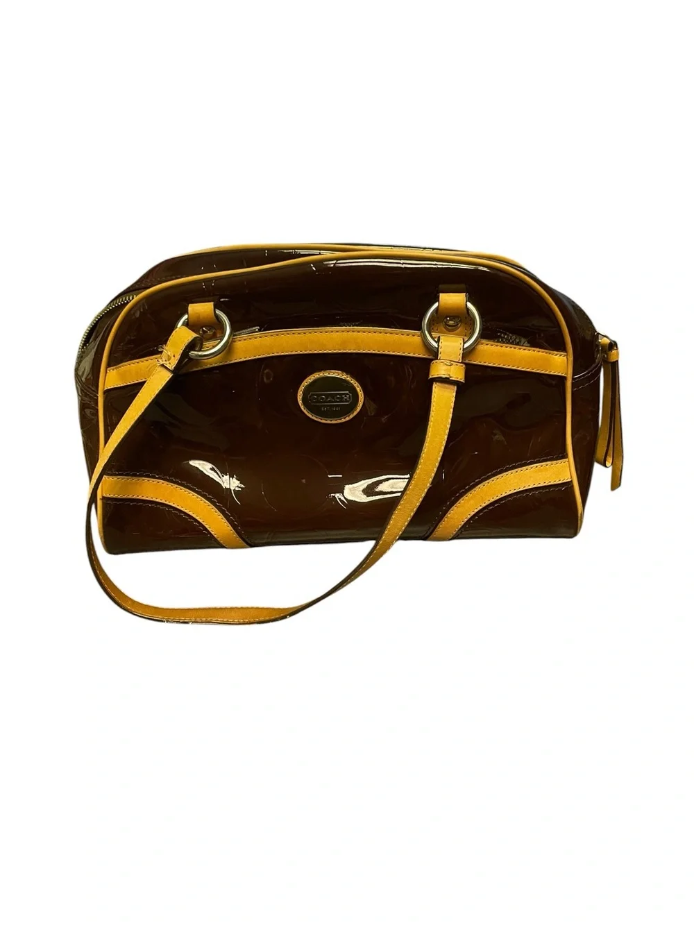Coach Brown Patent Leather Shoulder Bag with Yellow Trim